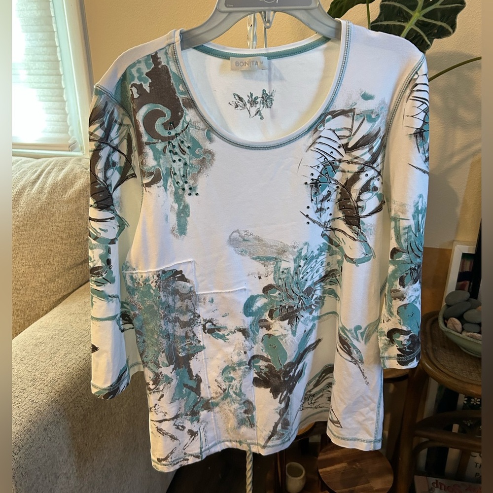 Bonita Abstract Floral Print 3/4 Sleeve Top M Teal White Stretch Lagenlook artsy